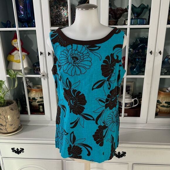 DORBY Linen Blend Sleeveless Top Size 10 Zipper Closure Turquoise and Brown - Picture 1 of 10